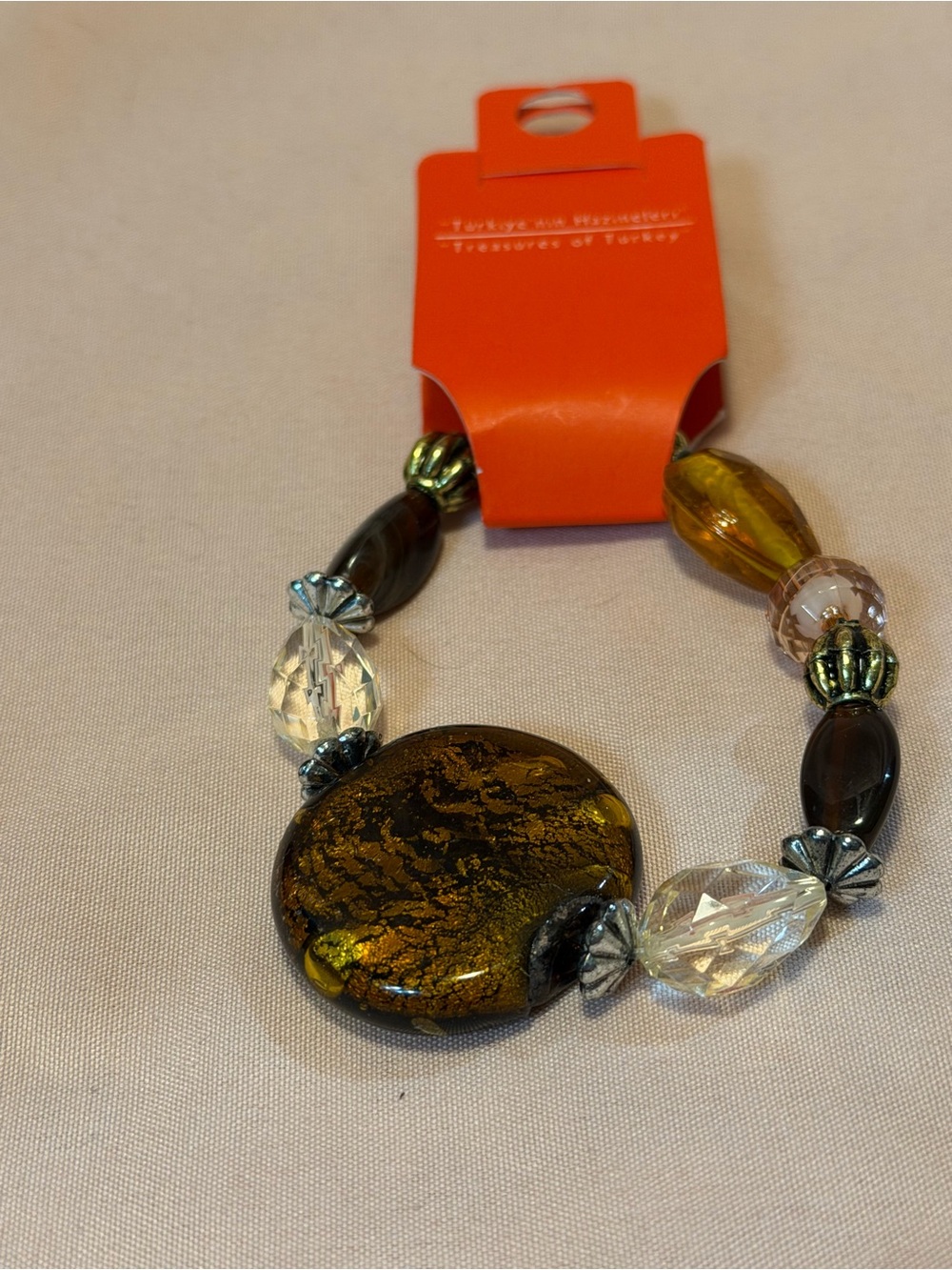 Glass Bead Stretch Bracelet in Amber Color and Clear - Picture 3 of 5